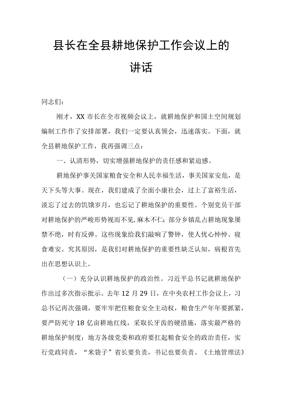 县长在全县耕地保护工作会议上的讲话.docx_第1页