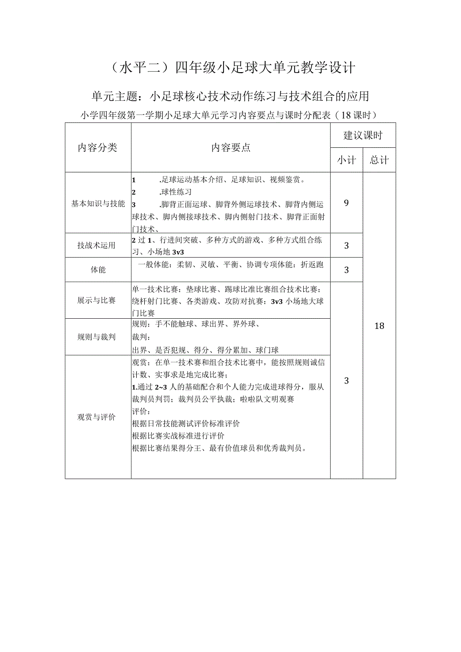 水平二（四年级第一学期）体育《小足球（18课时）》大单元教学计划.docx_第1页