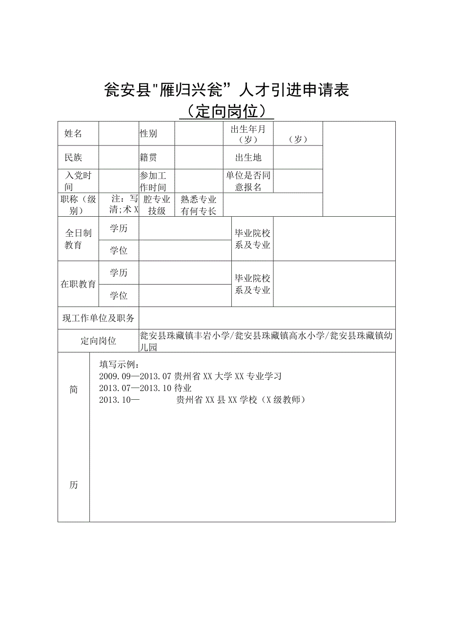 瓮安县“雁归兴瓮”人才引进申请表定向岗位.docx_第1页