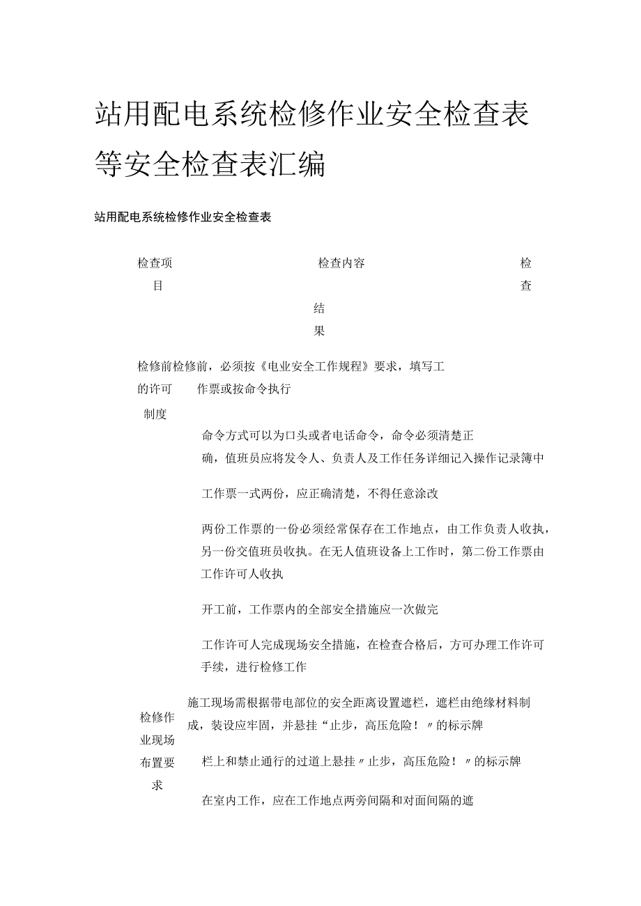 站用配电系统检修作业安全检查表等 安全检查表汇编(全).docx_第1页