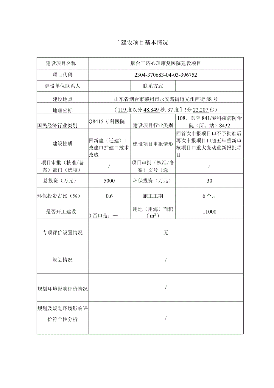 烟台平济心理康复医院建设项目环评报告表.docx_第1页