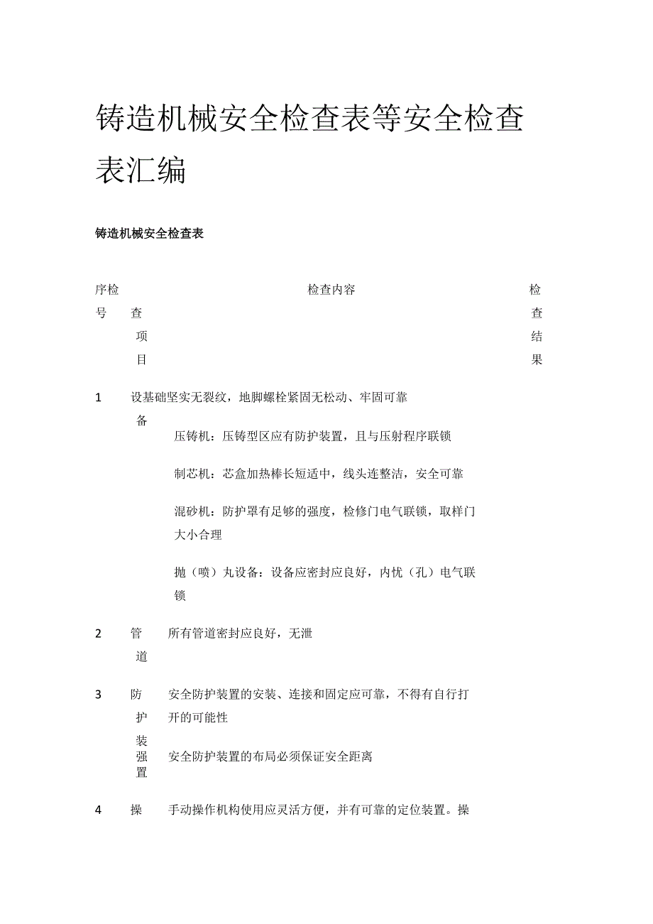 铸造机械安全检查表等 安全检查表汇编(全).docx_第1页