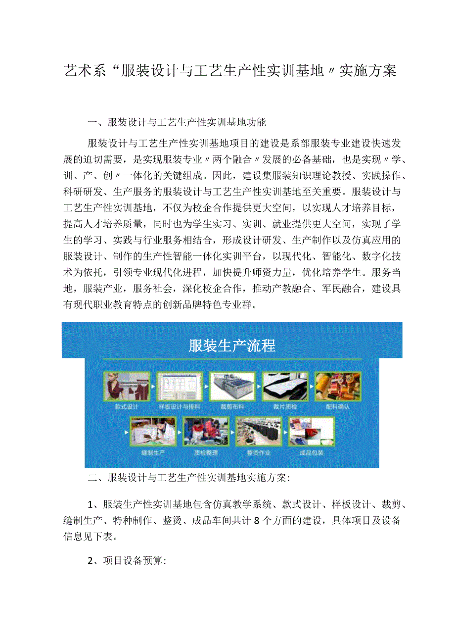 艺术系“服装设计与工艺生产性实训基地”实施方案.docx_第1页