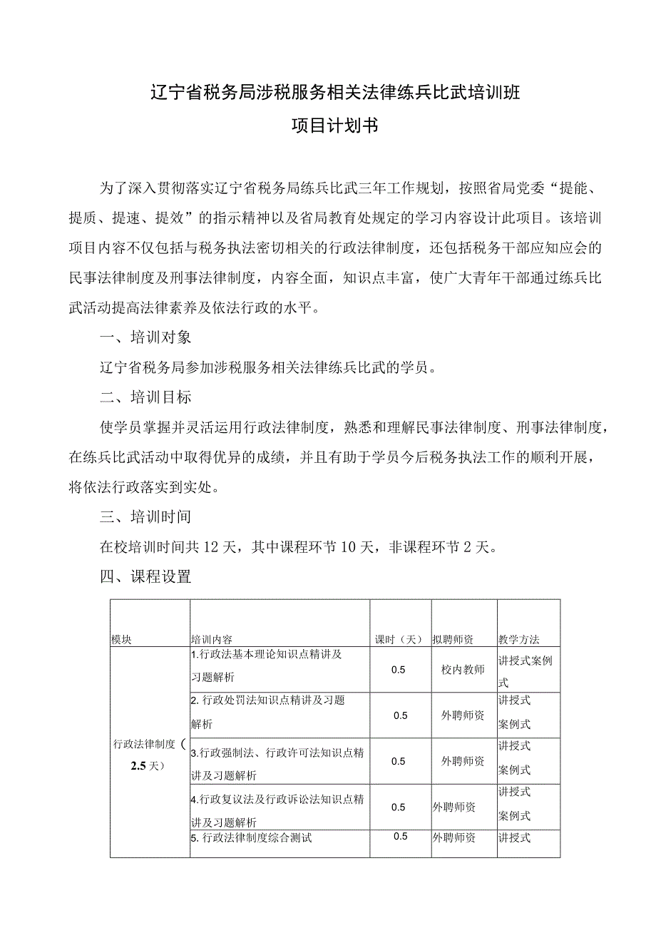 辽宁省税务局涉税服务相关法律练兵比武培训班项目计划书.docx_第1页