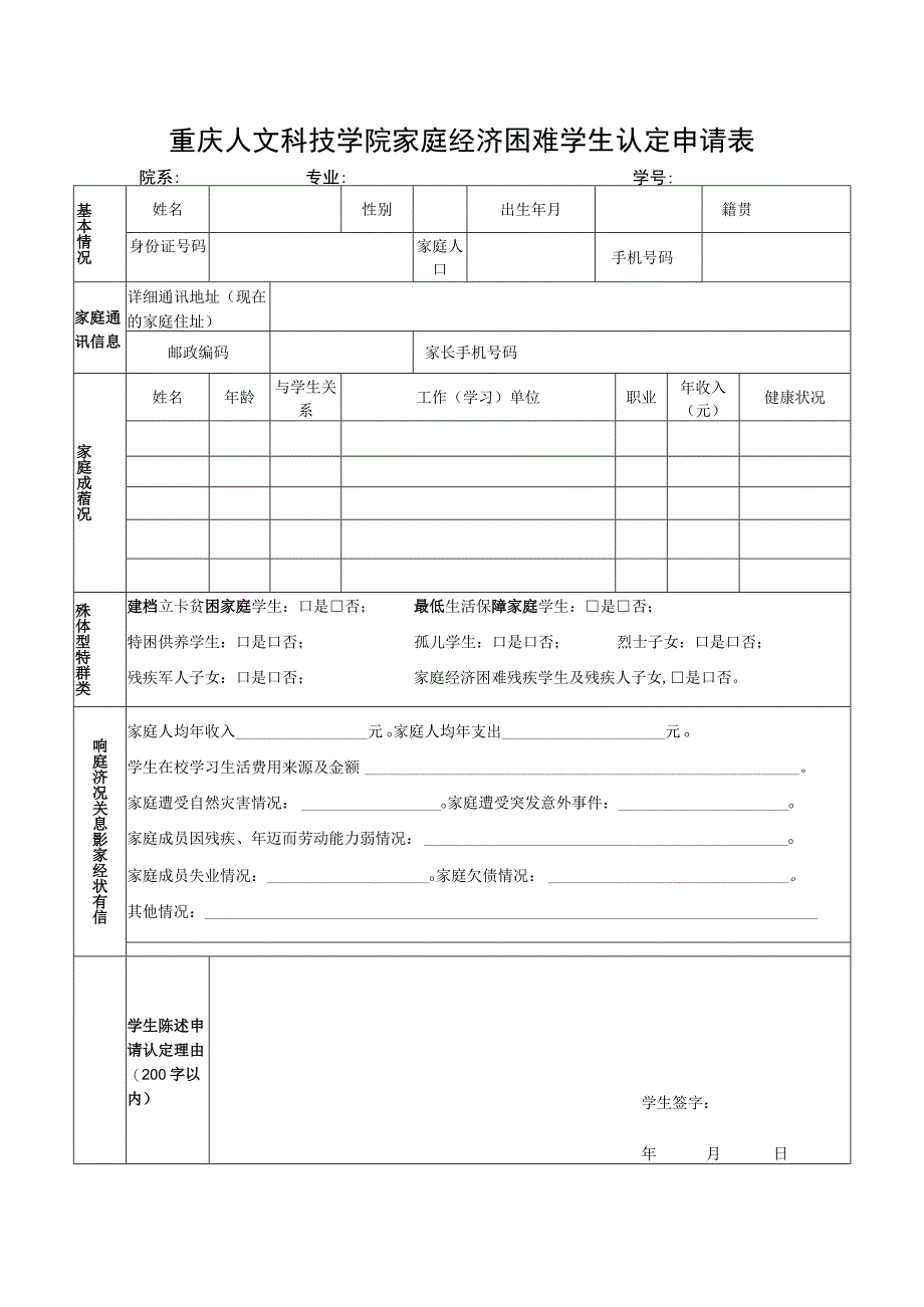 重庆人文科技学院家庭经济困难学生认定申请表.docx_第1页