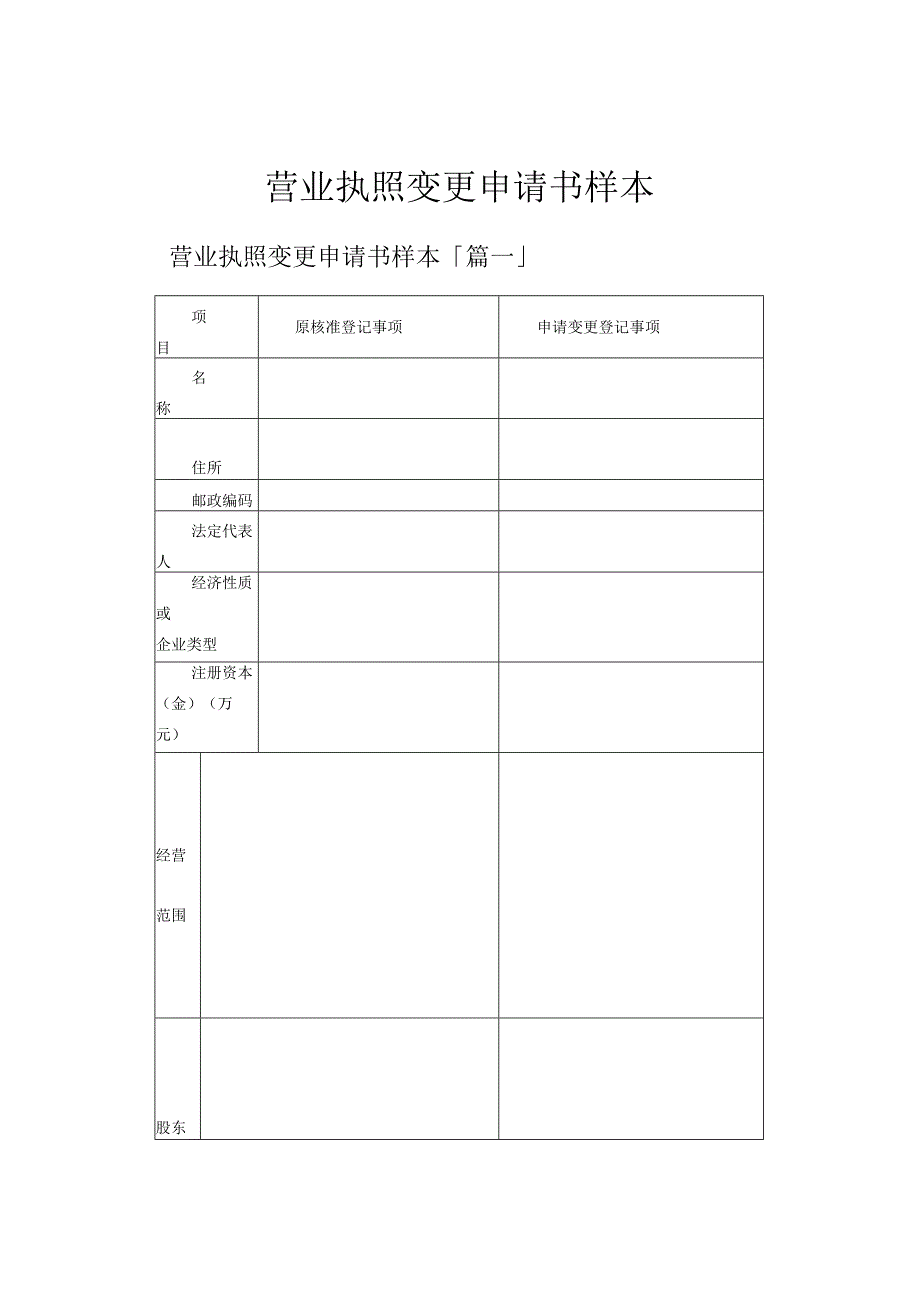 营业执照变更申请书样本.docx_第1页