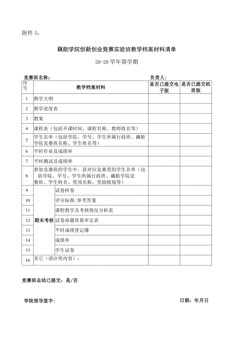 藕舫学院创新创业竞赛实验班教学档案材料清单20-20学年第学期.docx_第1页