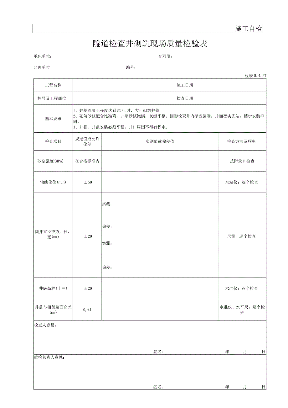 隧道检查井砌筑现场质量检验表.docx_第1页