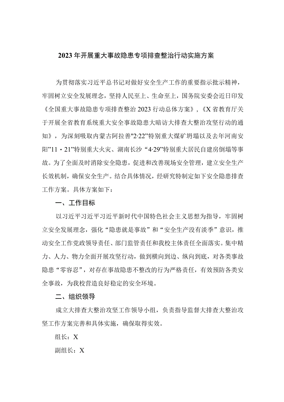 2023年开展重大事故隐患专项排查整治行动实施方案精选（共10篇）.docx_第1页