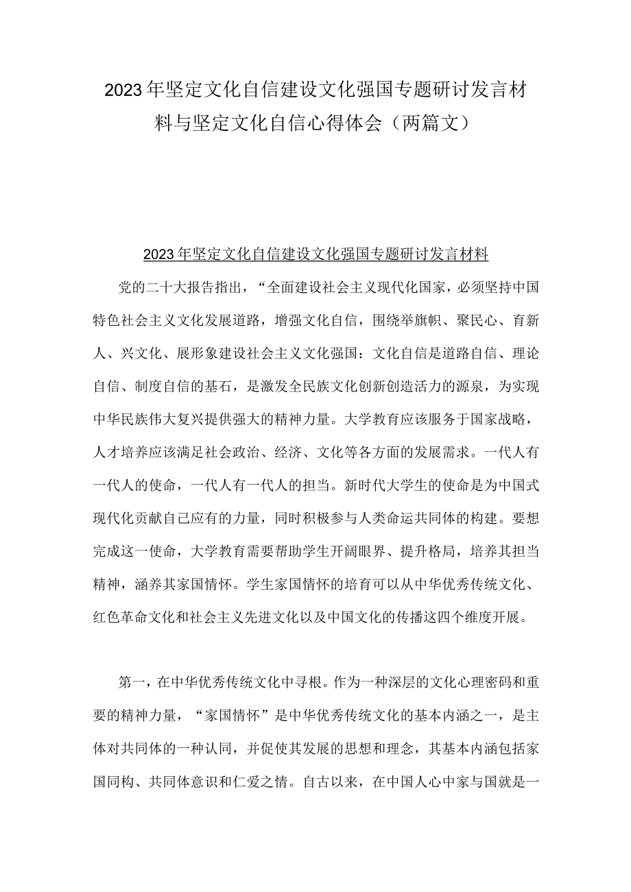 2023年坚定文化自信建设文化强国专题研讨发言材料与坚定文化自信心得体会（两篇文）.docx_第1页