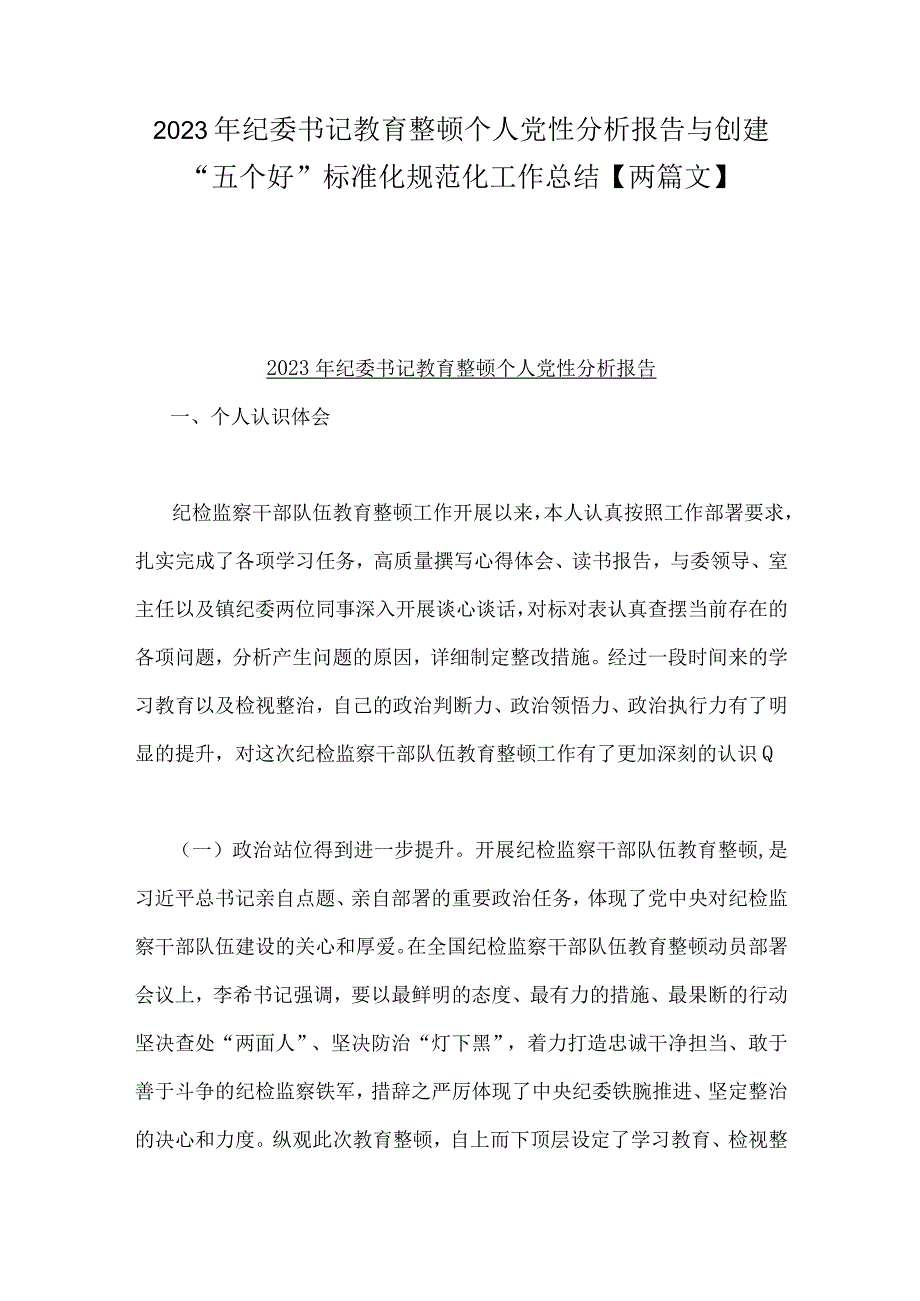 2023年纪委书记教育整顿个人党性分析报告与创建“五个好”标准化规范化工作总结【两篇文】.docx_第1页