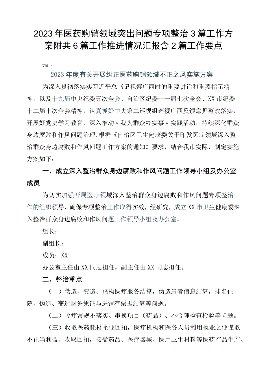 2023年医药购销领域突出问题专项整治3篇工作方案附共6篇工作推进情况汇报含2篇工作要点.docx_第1页