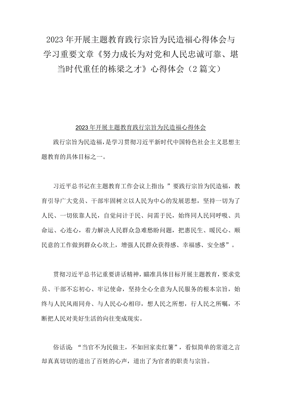 2023年开展主题教育践行宗旨为民造福心得体会与学习重要文章《努力成长为对党和人民忠诚可靠、堪当时代重任的栋梁之才》心得体会（2篇文）.docx_第1页