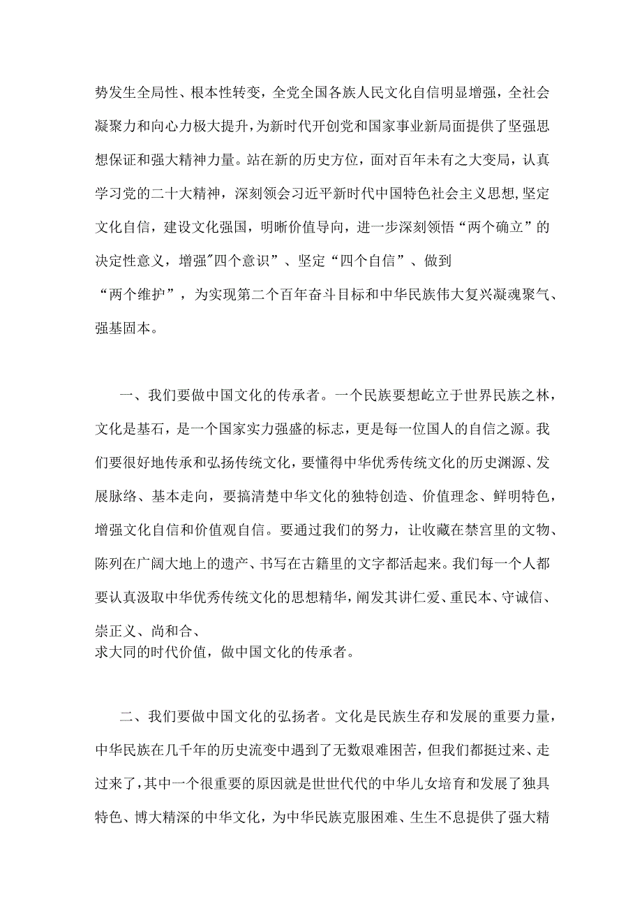 2023年坚定文化自信心得体会与坚定文化自信建设文化强国专题学习交流研讨发言稿（两篇）供参考.docx_第3页