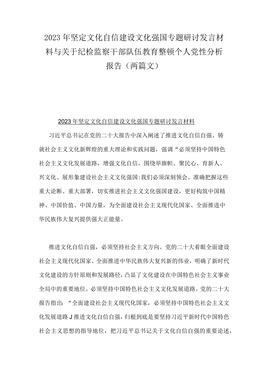 2023年坚定文化自信建设文化强国专题研讨发言材料与关于纪检监察干部队伍教育整顿个人党性分析报告（两篇文）.docx_第1页