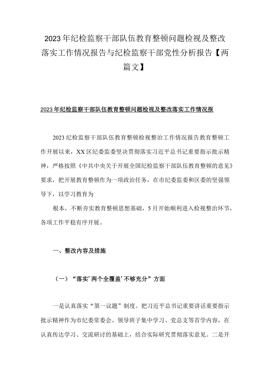 2023年纪检监察干部队伍教育整顿问题检视及整改落实工作情况报告与纪检监察干部党性分析报告【两篇文】.docx_第1页