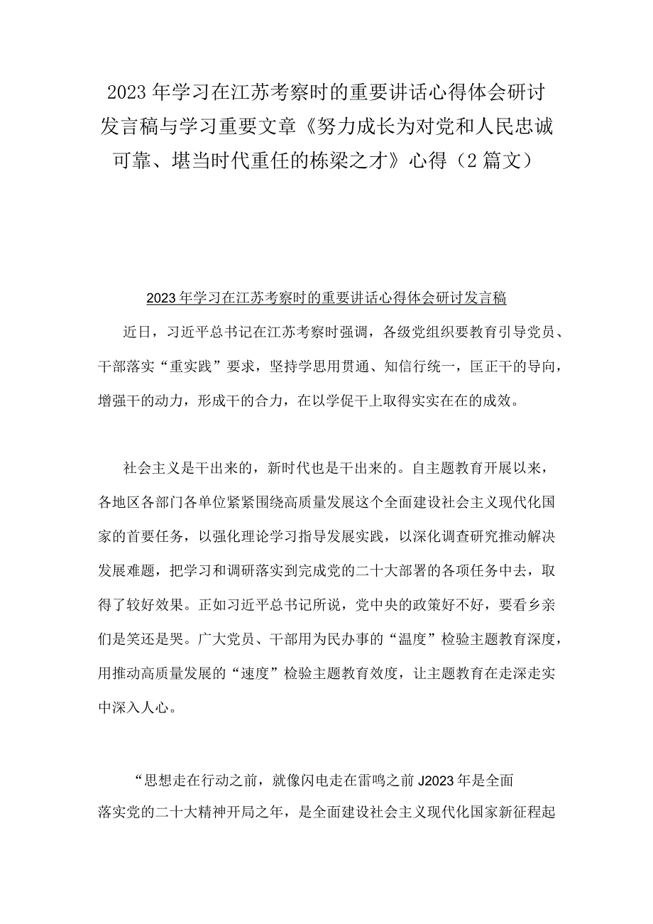 2023年学习在江苏考察时的重要讲话心得体会研讨发言稿与学习重要文章《努力成长为对党和人民忠诚可靠、堪当时代重任的栋梁之才》心得（2篇文）.docx_第1页