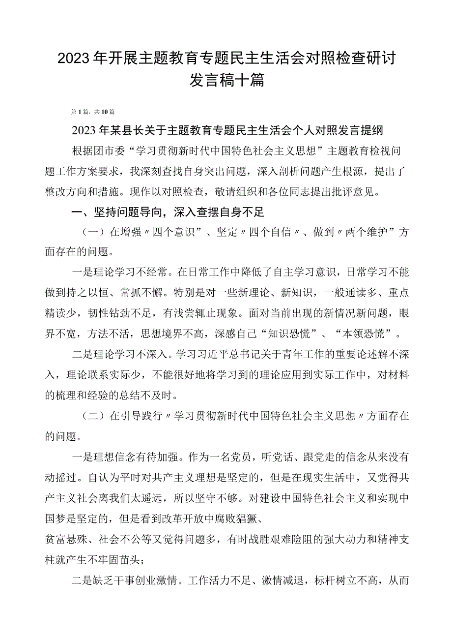 2023年开展主题教育专题民主生活会对照检查研讨发言稿十篇.docx_第1页