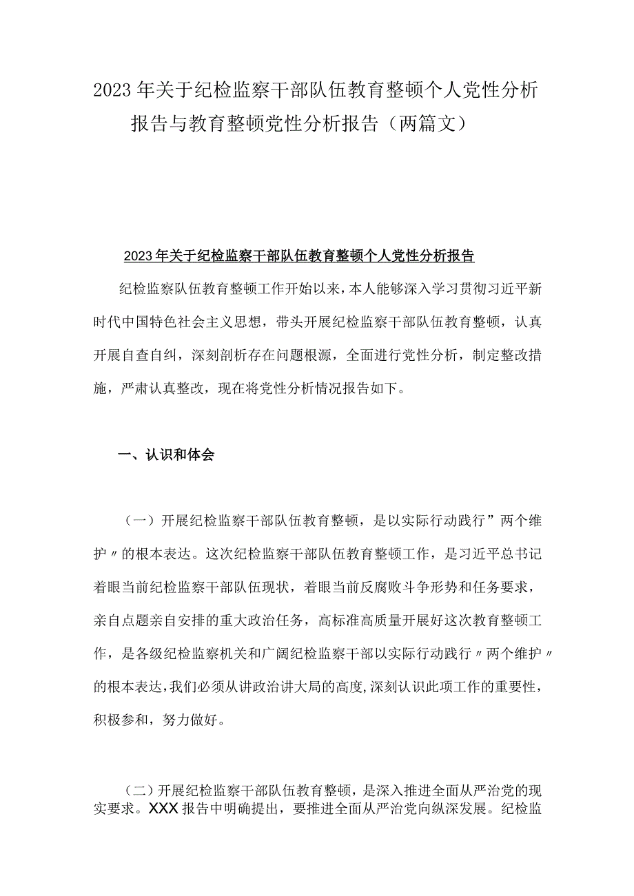 2023年关于纪检监察干部队伍教育整顿个人党性分析报告与教育整顿党性分析报告（两篇文）.docx_第1页