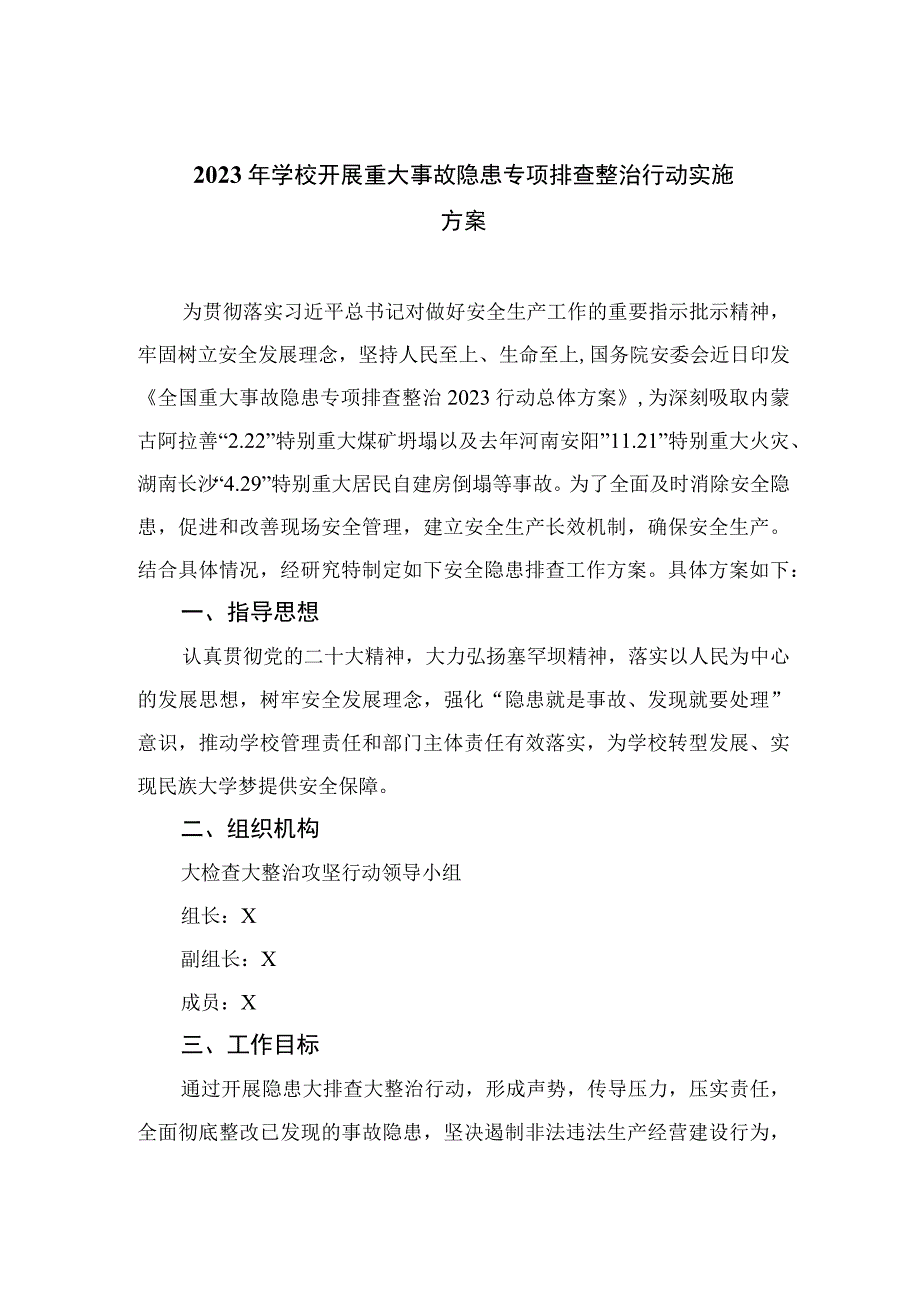 2023年学校开展重大事故隐患专项排查整治行动实施方案最新精选版【10篇】.docx_第1页