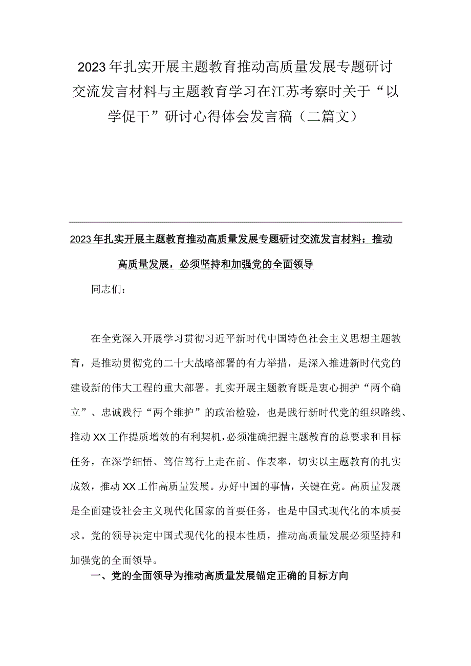 2023年扎实开展主题教育推动高质量发展专题研讨交流发言材料与主题教育学习在江苏考察时关于“以学促干”研讨心得体会发言稿（二篇文）.docx_第1页