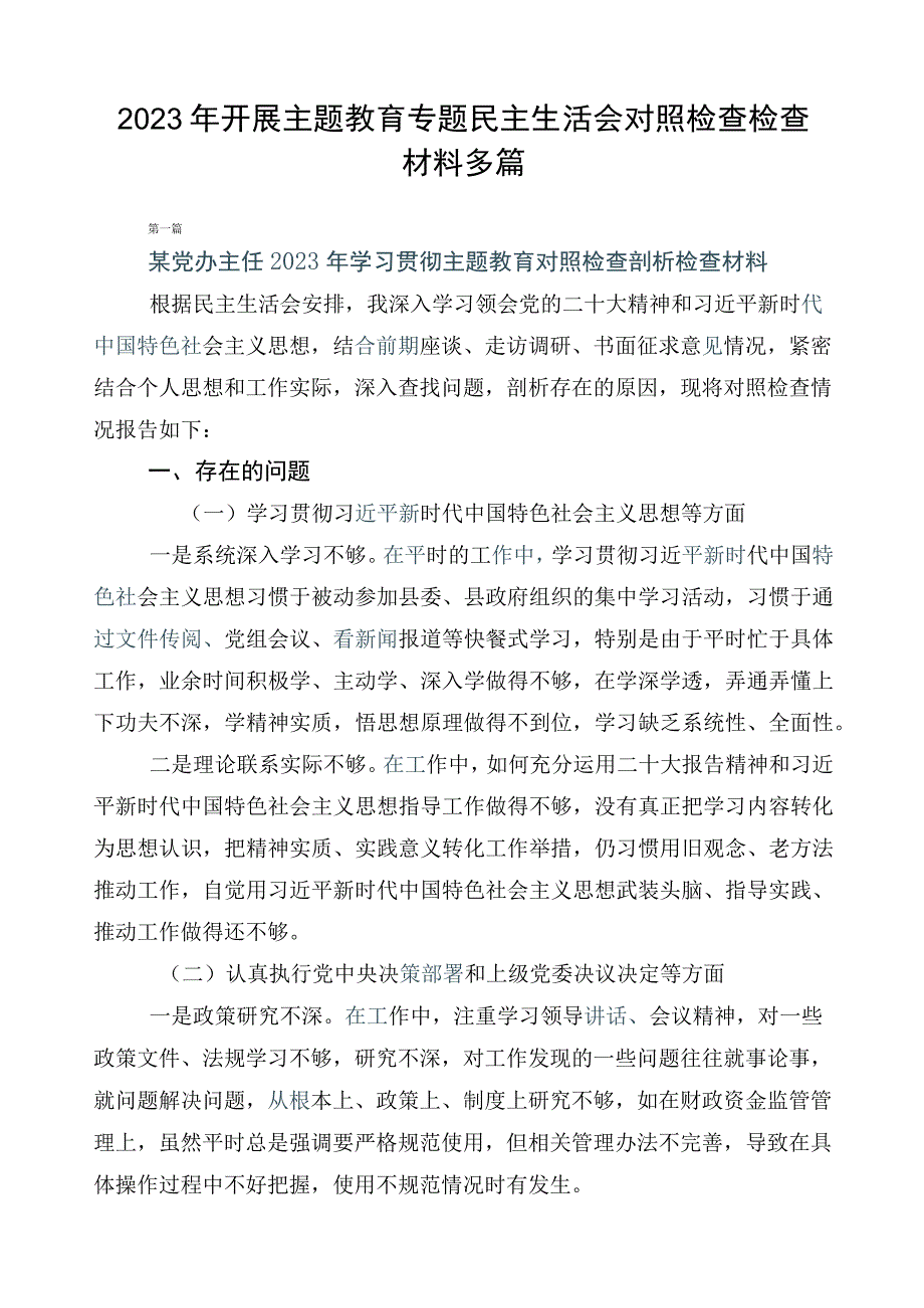 2023年开展主题教育专题民主生活会对照检查检查材料多篇.docx_第1页