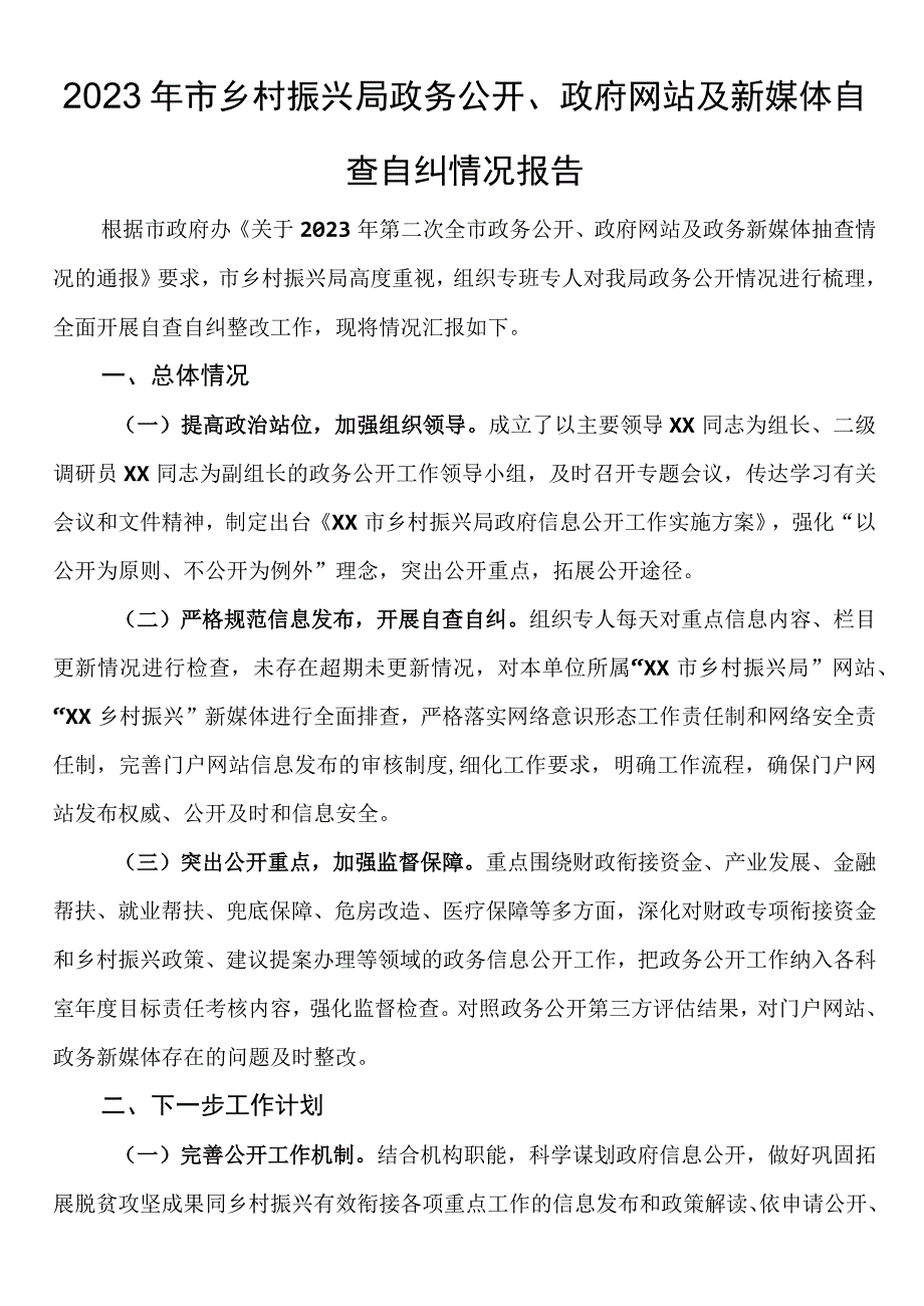 2023年市乡村振兴局政务公开、政府网站及新媒体自查自纠情况报告.docx_第1页