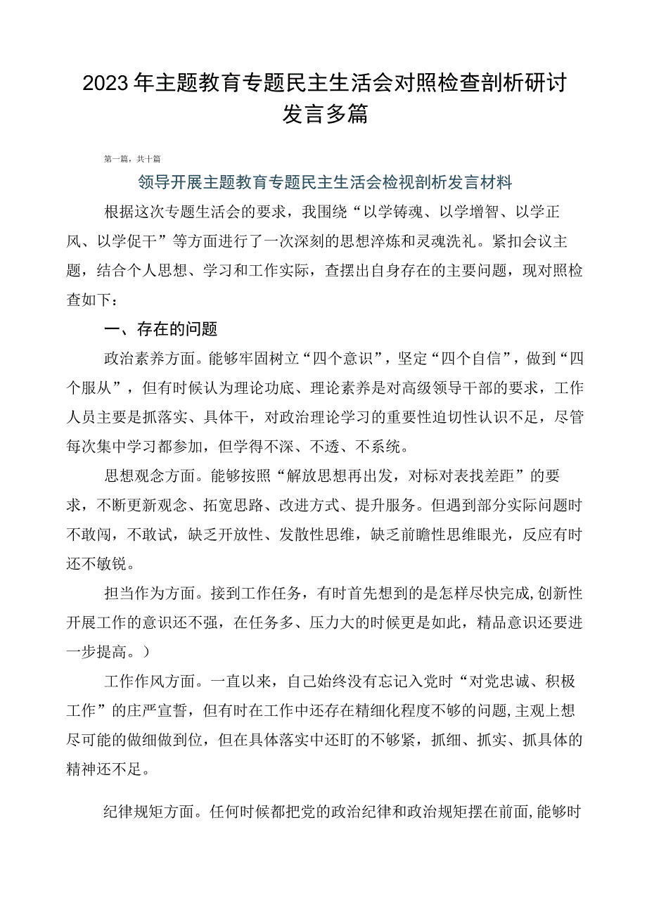 2023年主题教育专题民主生活会对照检查剖析研讨发言多篇.docx_第1页