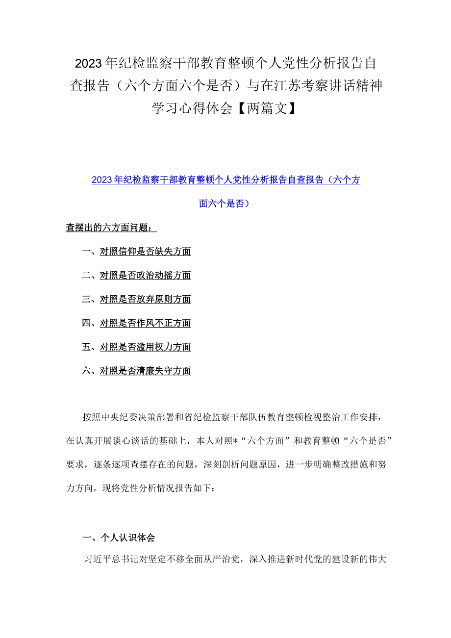 2023年纪检监察干部教育整顿个人党性分析报告自查报告（六个方面六个是否）与在江苏考察讲话精神学习心得体会【两篇文】.docx_第1页