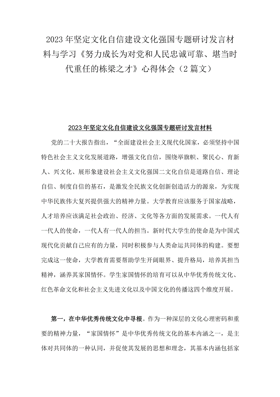 2023年坚定文化自信建设文化强国专题研讨发言材料与学习《努力成长为对党和人民忠诚可靠、堪当时代重任的栋梁之才》心得体会（2篇文）.docx_第1页