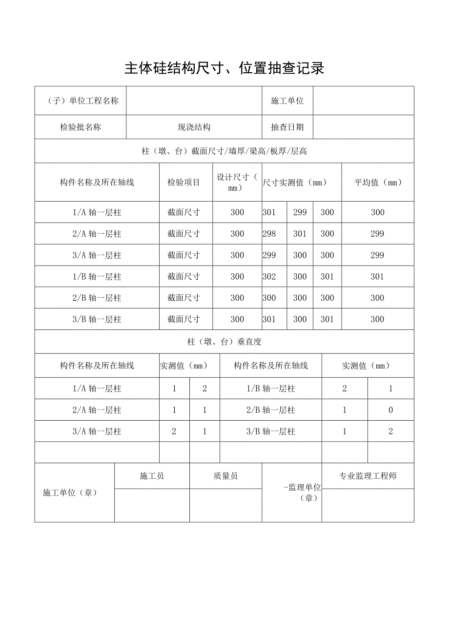 主体砼结构尺寸、位置抽查记录.docx_第1页