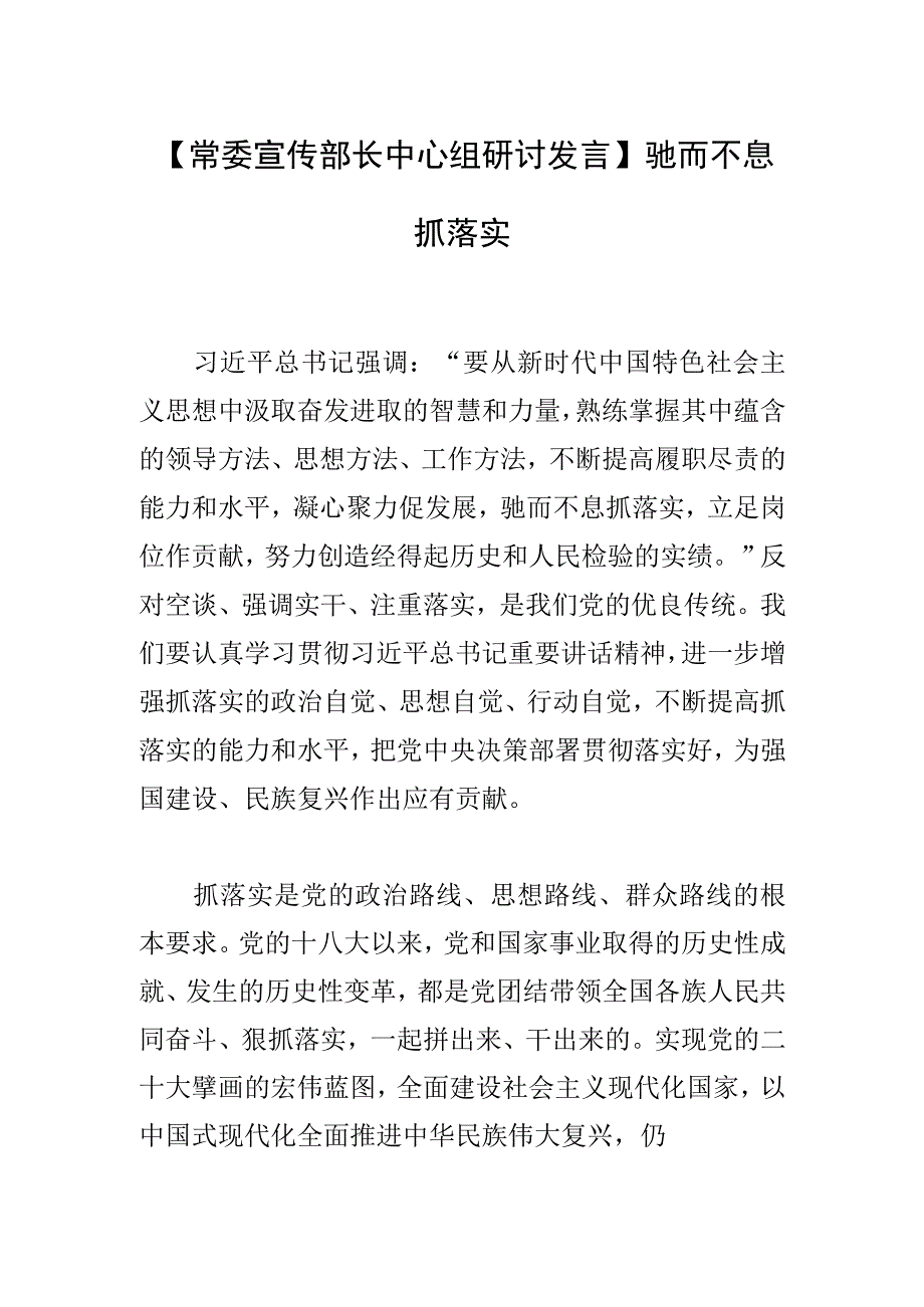 【常委宣传部长中心组研讨发言】驰而不息抓落实.docx_第1页