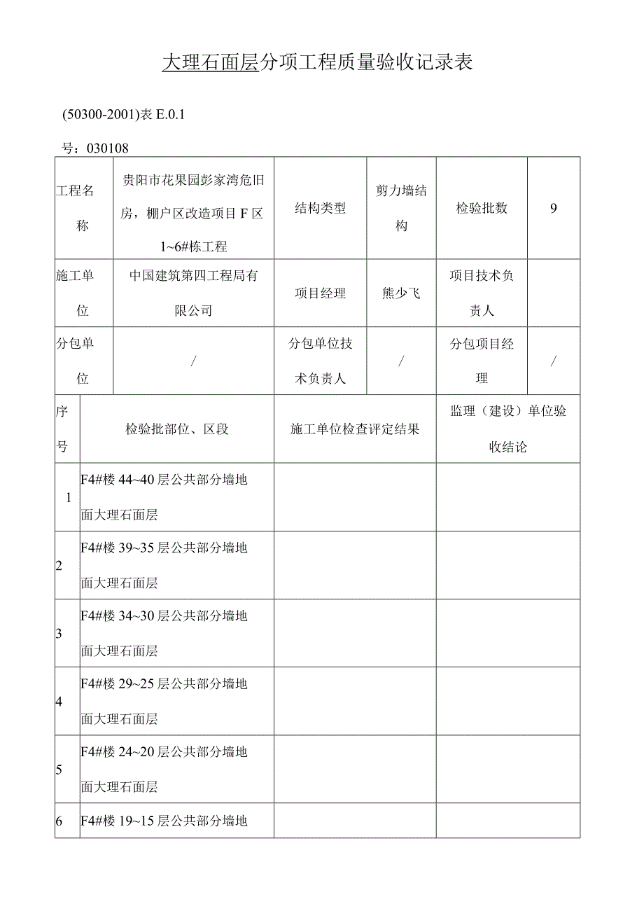 大理石面层分项工程质量验收记录表.docx_第1页