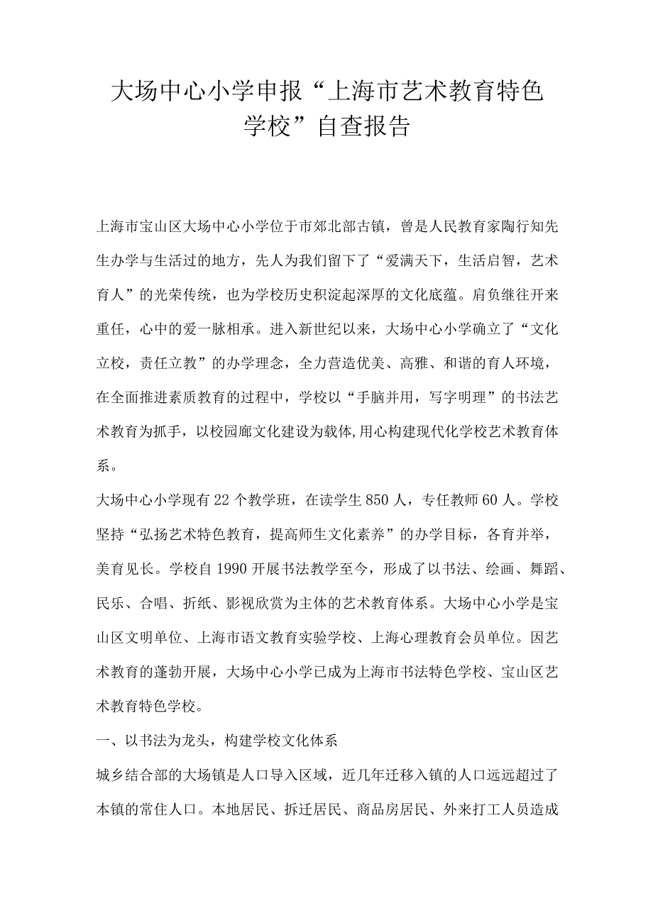 大场中心小学申报上海市艺术教育特色学校自查报告.docx_第1页