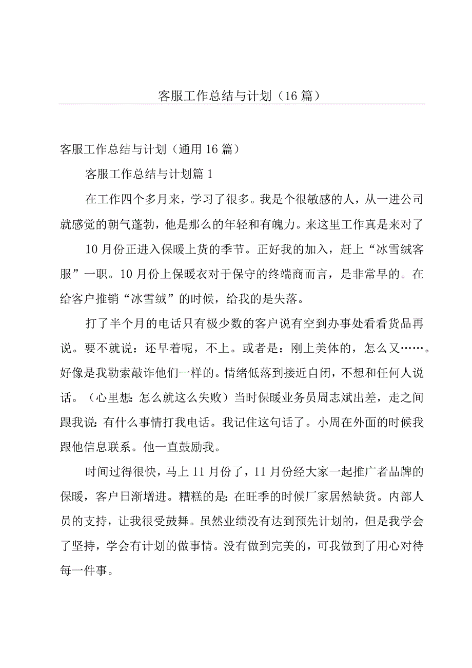 客服工作总结与计划（16篇）.docx_第1页