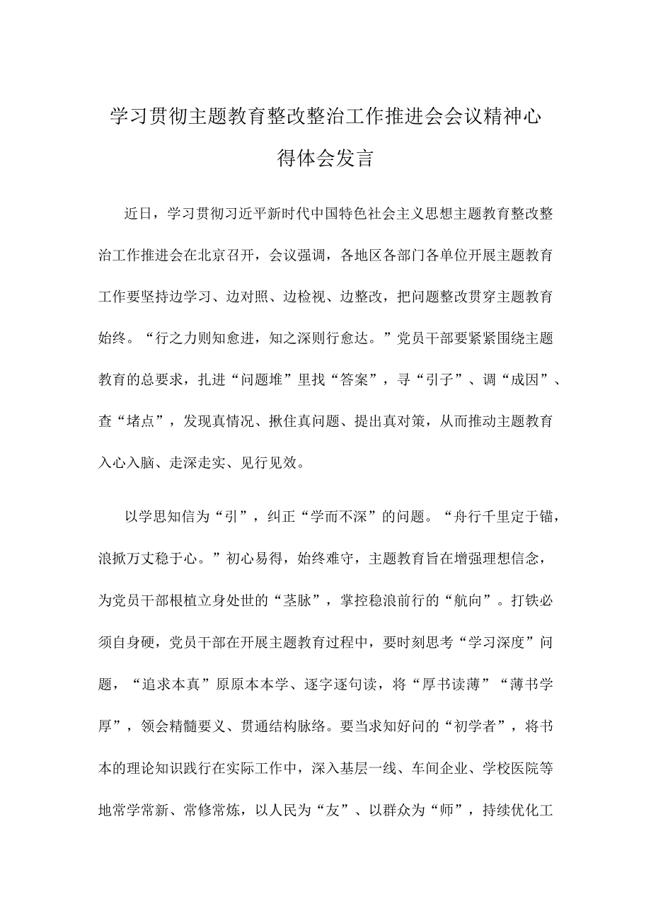 学习贯彻主题教育整改整治工作推进会会议精神心得体会发言.docx_第1页