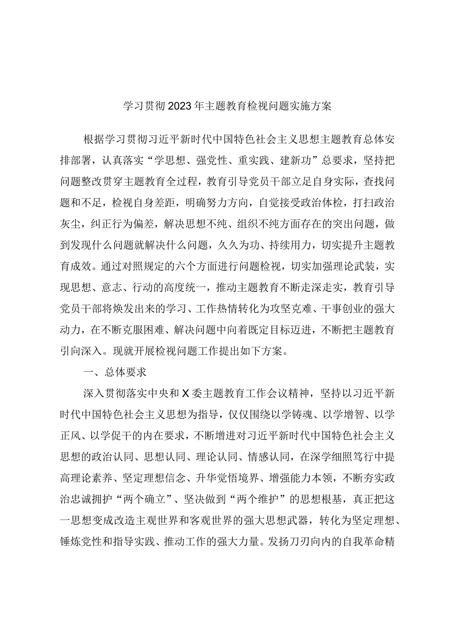 学习贯彻2023年主题教育检视问题实施方案.docx_第1页