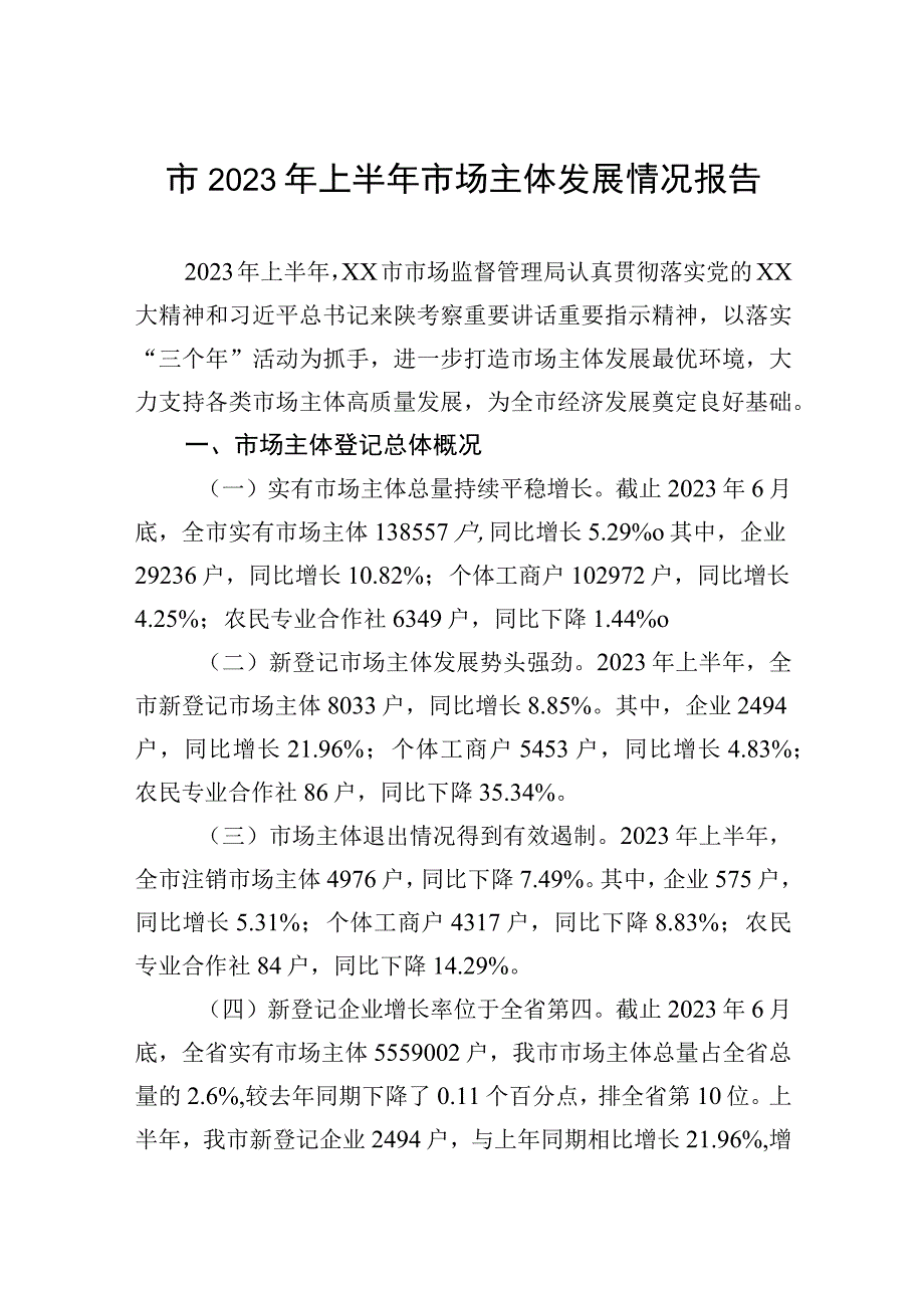 市2023年上半年市场主体发展情况报告.docx_第1页