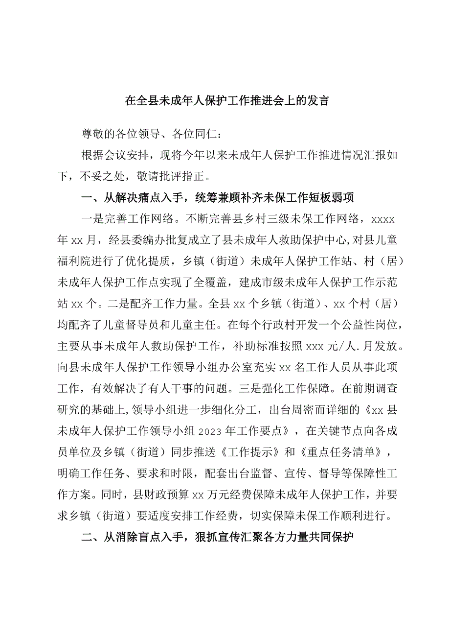 在全县未成年人保护工作推进会上的发言.docx_第1页