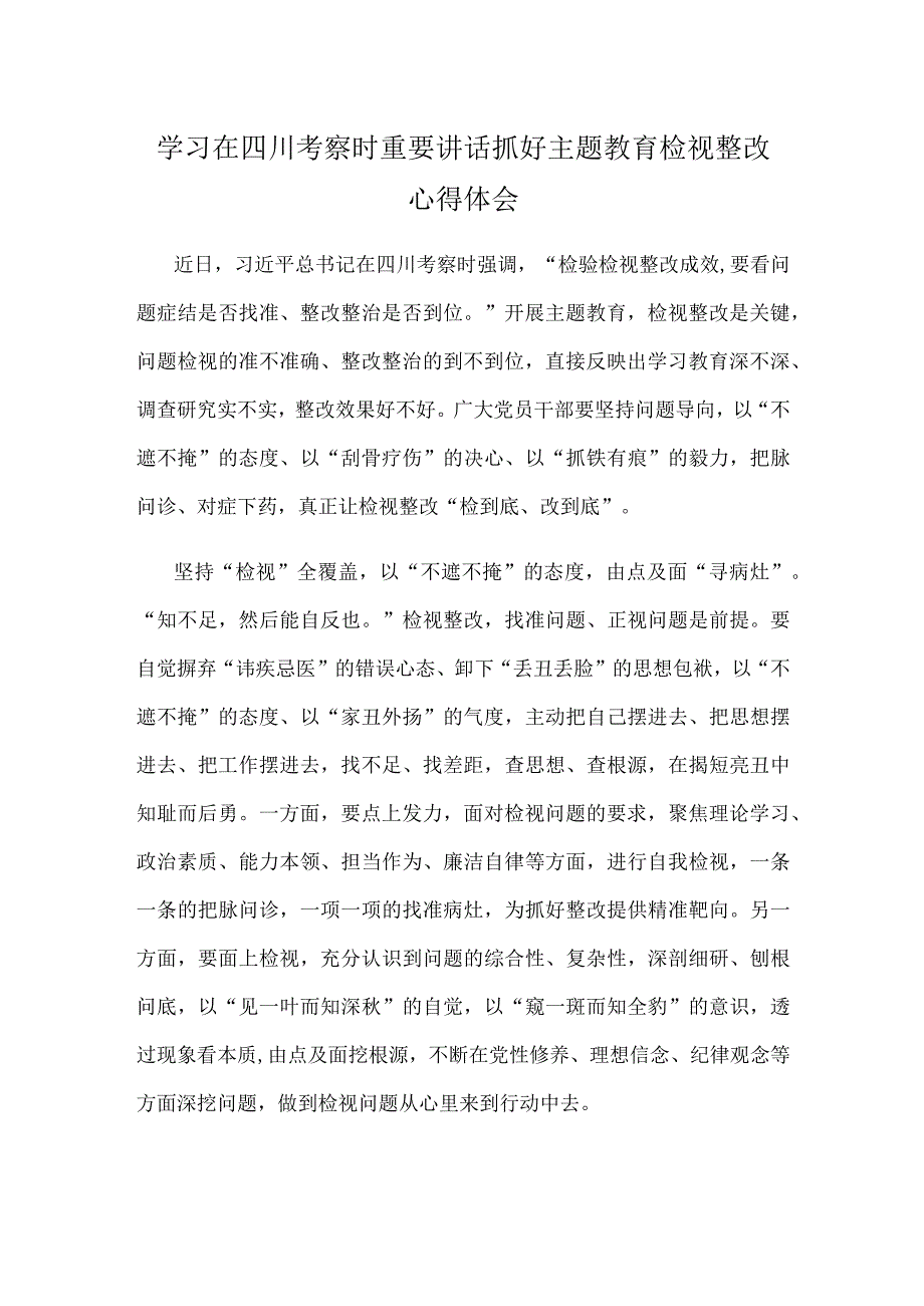 学习在四川考察时重要讲话抓好主题教育检视整改心得体会.docx_第1页