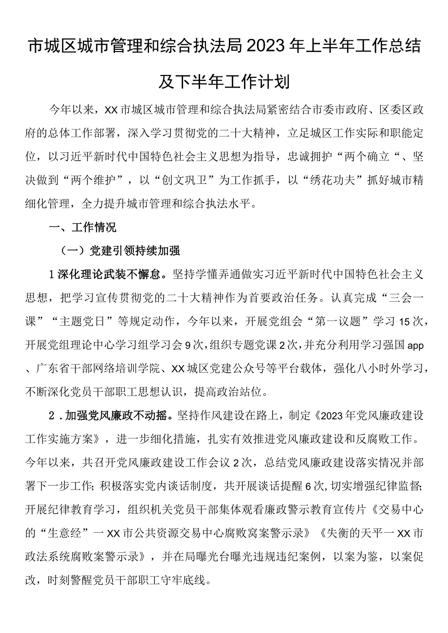 市城区城市管理和综合执法局2023年上半年工作总结及下半年工作计划.docx_第1页