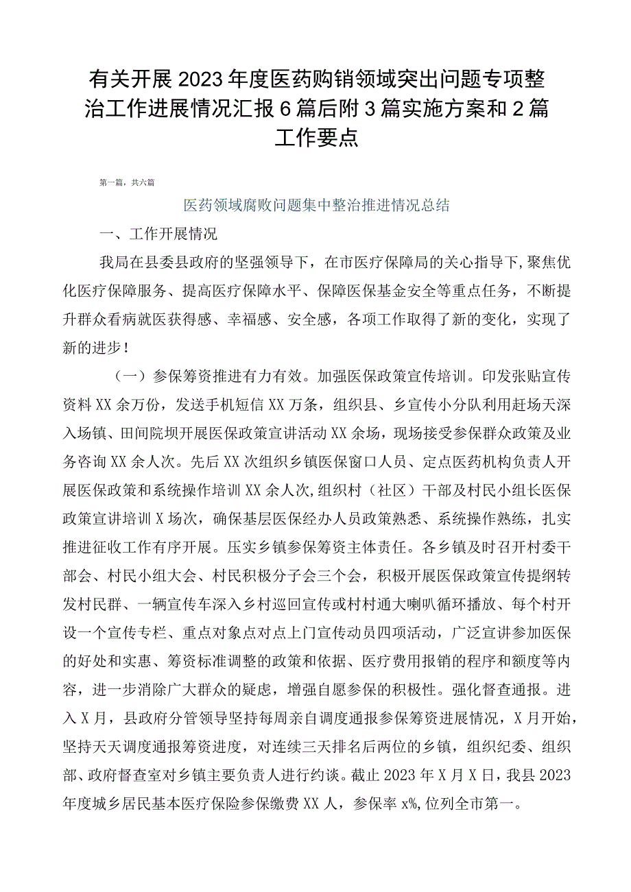 有关开展2023年度医药购销领域突出问题专项整治工作进展情况汇报6篇后附3篇实施方案和2篇工作要点.docx_第1页