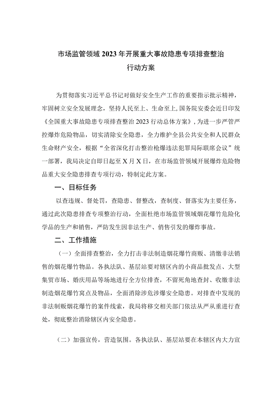 市场监管领域2023年开展重大事故隐患专项排查整治行动方案最新精选版【10篇】.docx_第1页