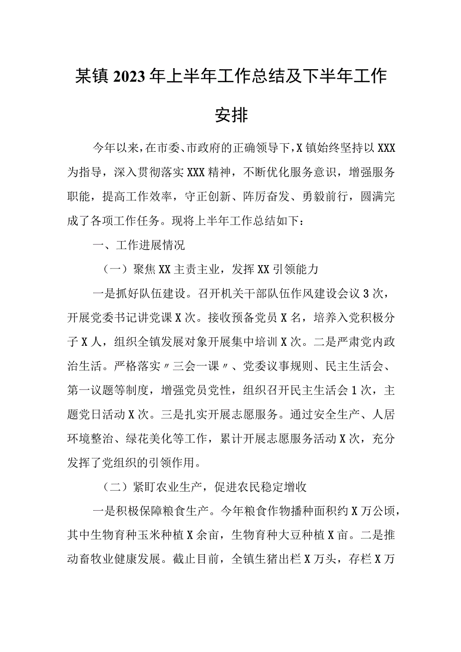 某镇2023年上半年工作总结及下半年工作安排.docx_第1页