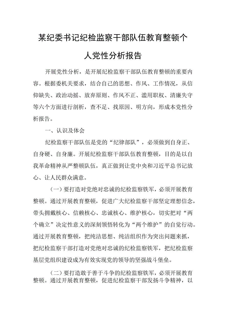 某纪委书记纪检监察干部队伍教育整顿个人党性分析报告.docx_第1页