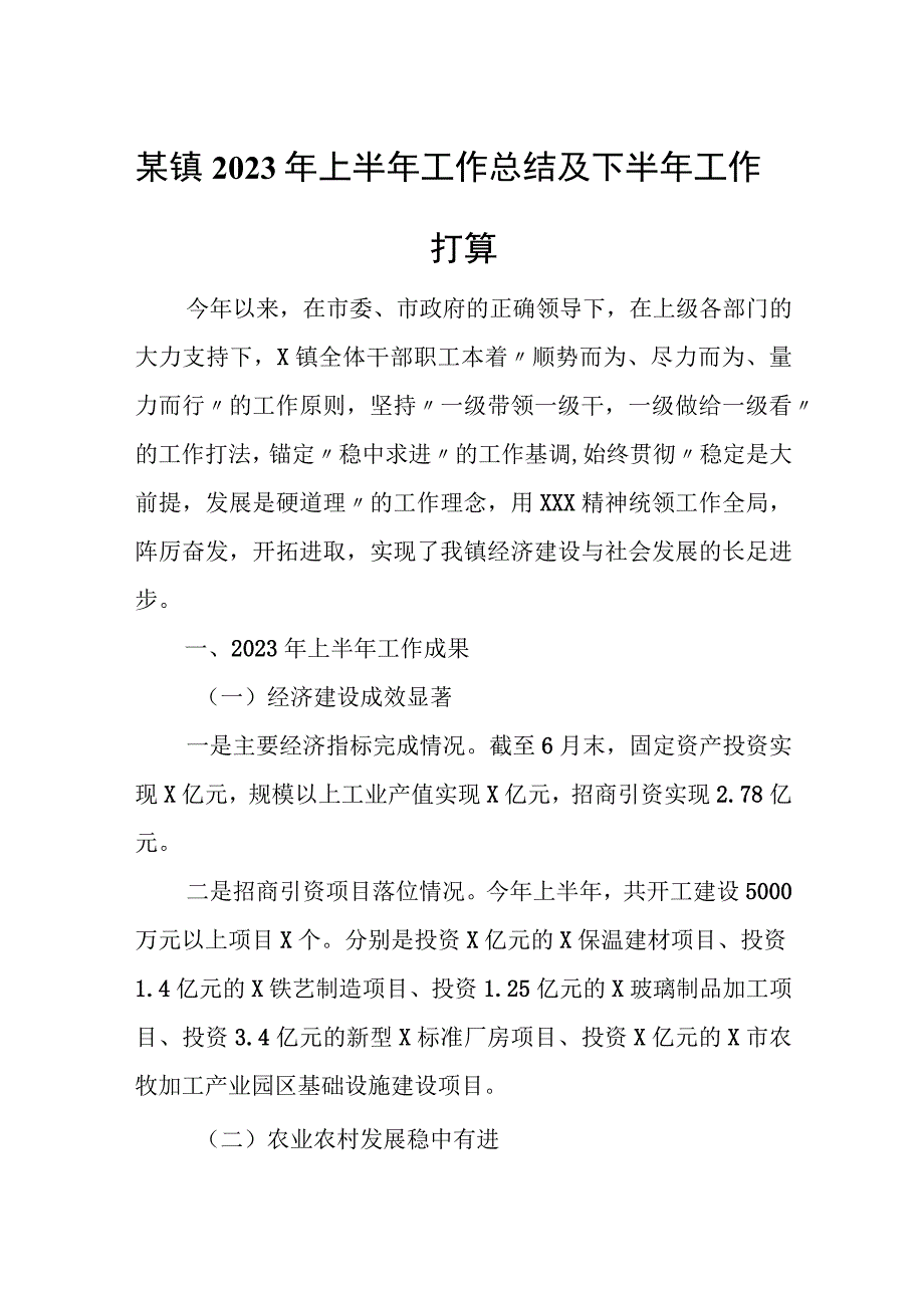 某镇2023年上半年工作总结及下半年工作打算.docx_第1页