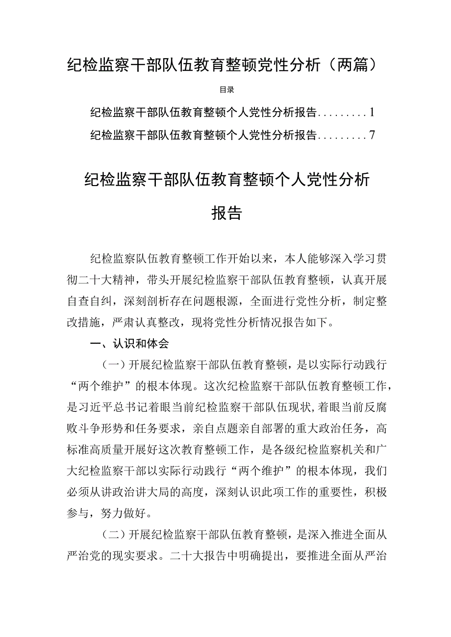 纪检监察干部队伍教育整顿党性分析(两篇).docx_第1页