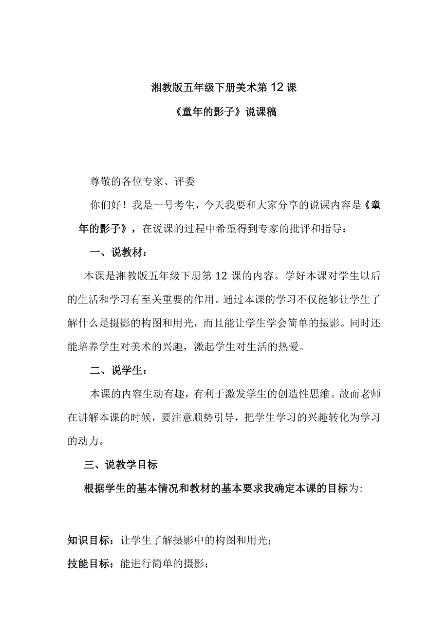 湘教版五年级下册美术第12课《童年的影子》说课稿.docx_第1页