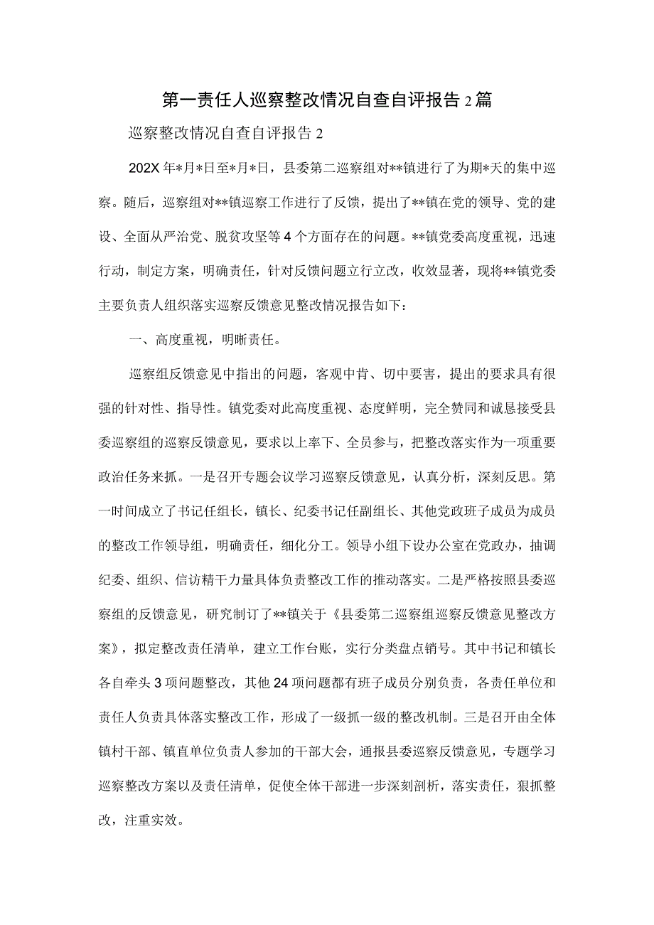 第一责任人巡察整改情况自查自评报告2篇.docx_第1页