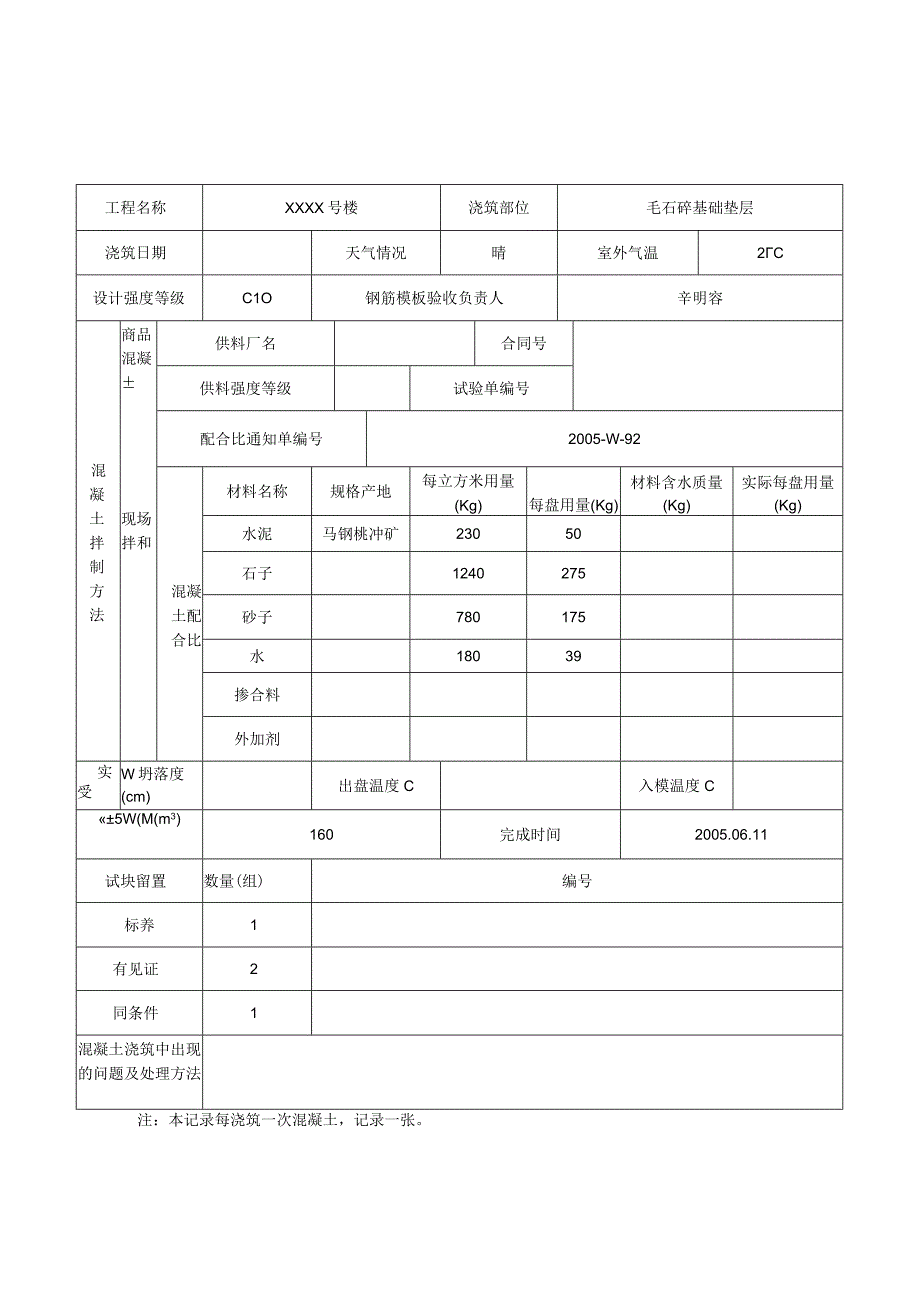 混凝土浇筑记录.docx_第1页